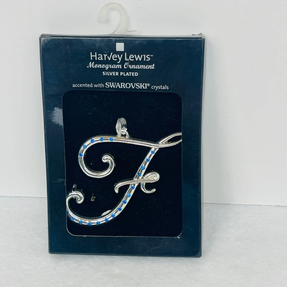 Harvey Lewis Monogram Ornament Letter F Silver Plated Swarovski Crystals Blue